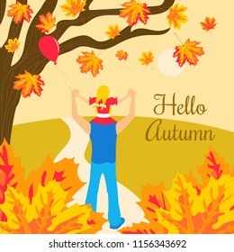 Vector illustration with daddy and daughter siting on his shoulders, from the back. Falling maple leaves. Park. Text hello autumn.