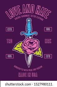 Vector illustration of dagger and rose vintage tattoo design with vibrant color palette