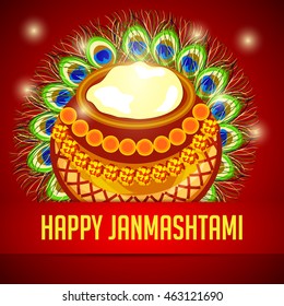 Vector illustration of a dahi handi for Happy Krishna Janmashtami with shiny red background.