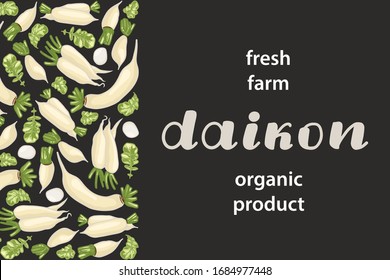 vector illustration of daikon and leaf design with lettering daikon background grey text fresh farm organic product EPS10