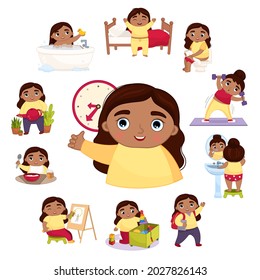 Vector illustration daily activities routine. Cute little cartoon african girl doing daily chores.
