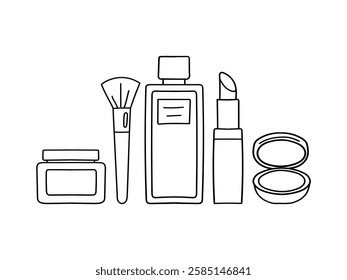 Vector illustration for daily beauty routine. A hand-drawn icon set featuring makeup and skincare products used for self-care and grooming.