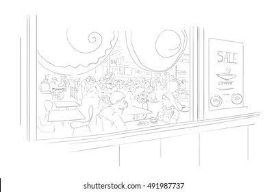 Vector illustration of a daily life in supermarket`s cafe.