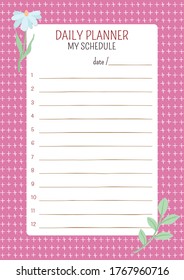 Vector illustration of daily planning, notes, shopping list. Diary. My schedule. Universal card. Print version.