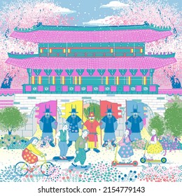 Vector illustration of the daily scenery in front of the royal palace, a historical heritage located in the middle of the Korean city