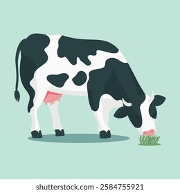 A vector illustration of a dairy cow grazing on lush green grass on a green background.