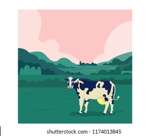 vector illustration of a dairy eating grass in farm