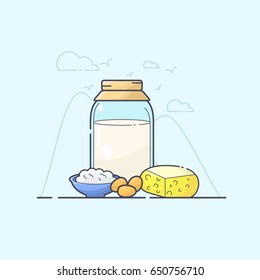 Vector illustration of dairy produce. Color line art