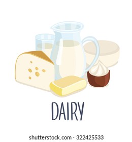 Vector illustration of dairy production and hand writing lettering. Milk jug, butter, a glass of milk, sour cream, cottage cheese, cheese