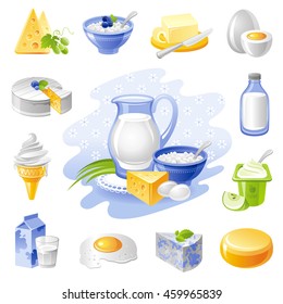 Vector Illustration Of Dairy Products Farm Food With Cheese, Cottage Cheese, Butter, Egg, Camembert, Milk Jug, Ice Cream, Yogurt, Milk Pack, Fried Eggs, Blue Cheese, Cheese Wheel