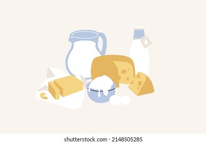 Vector illustration of dairy products - milk, cheese, curds, butter, egg and sour cream