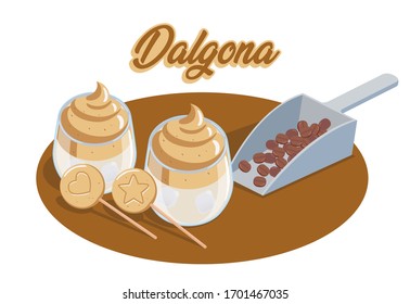 Vector or illustration of Dalgona coffee and Dalgona candy. Dalgona coffee is a popular beverage from Korea, it is made from coffee, sugar and hot water. Dalgona candy is korean sugar sponge candy.