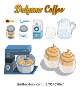 Vector or illustration of Dalgona coffee and the ingredients needed to make it, like milk, sugar, coffee, water and mixer. Dalgona coffee is a popular beverage from Korea.