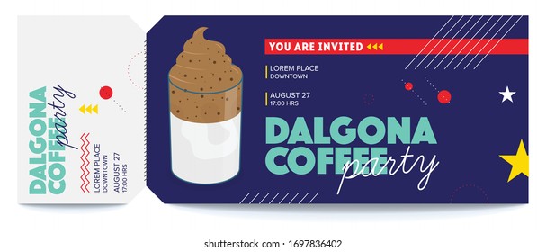 Dibujo vectorial del café Dalgona. Café con leche. Trata El Concepto Del Café. Billete de plantilla para la invitación al café Dalgona