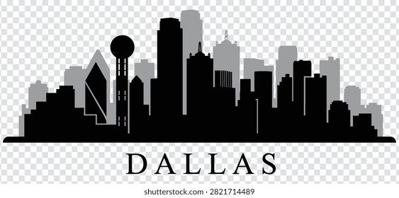 Vector illustration of the Dallas city skyline, featuring iconic buildings and landmarks in a clean, modern silhouette style on a transparent background.