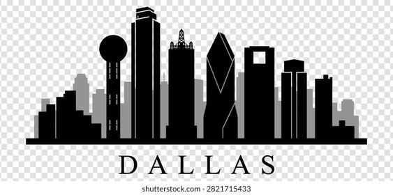 Vector illustration of the Dallas city skyline, featuring iconic buildings and skyscrapers in a flat, minimalist silhouette design.