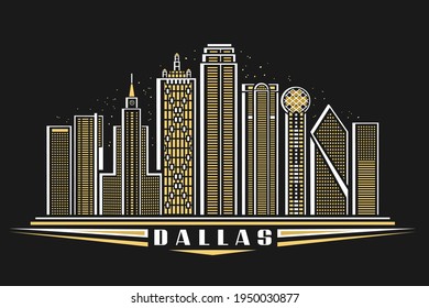 Vector illustration of Dallas, horizontal poster with outline design illuminated dallas city scape, american urban line art concept with decorative lettering for word dallas on dark dusk background.