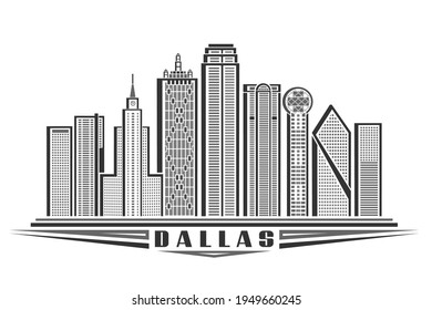 Vector illustration of Dallas, monochrome horizontal poster with outline design of dallas city scape, urban line art concept with unique decorative letters for black word dallas on white background.