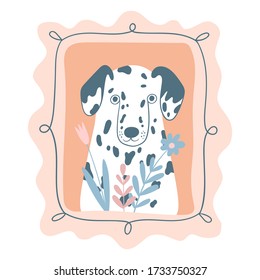 Vector illustration of Dalmatian. Poster with portrait of a cute dog with flowers. Perfect for kids apparel, textile, nursery, wrapping paper. Design elements for cards, posters, t-shirt.