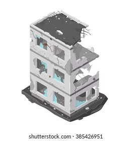 A vector illustration of a damaged building icon.
Isometric building destroyed by war or a natural disaster.
demolished architecture icon.