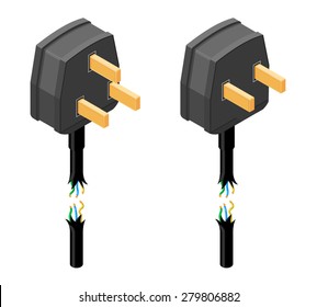 A Vector Illustration Of A Damaged Electricity Power Cable With Plug.
Isometric Damaged Plug With Visible Electrical Wires Icon.
Two Plug Icons That Have A Torn Cable.