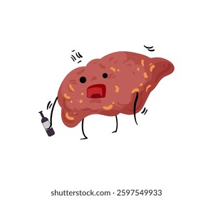 Vector illustration of a damaged liver holding a bottle, expressing distress, isolated on a white background.