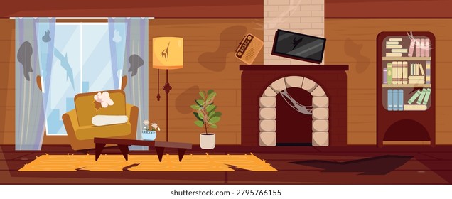 Vector illustration of damaged living room interior. Cartoon scene of abandoned living room with fireplace, TV, radio, floor lamp, wardrobe, armchairs, small table, flower pots in cobwebs, cracks.