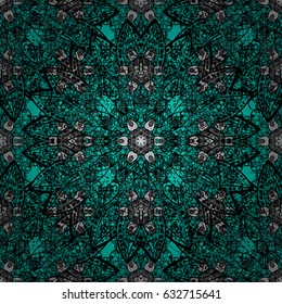 Vector illustration. Damask black abstract flower ornamental pattern on blue background. Ornate decoration.