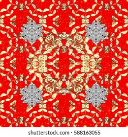 Vector illustration. Damask classic golden pattern. Golden on red background with golden elements. Vector abstract background with repeating elements.