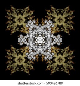 Vector illustration. Damask for design. Vector on black background with golden elements and with white doodles.