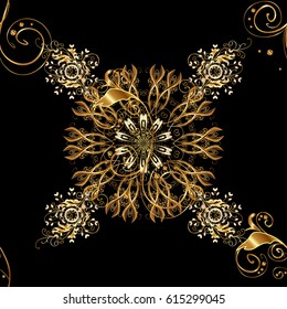 Vector illustration. Damask for design. Vector on golden background with golden elements and with doodles.