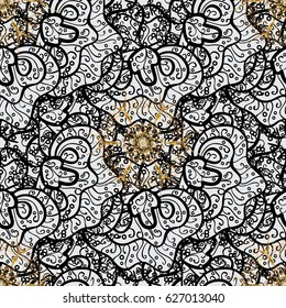 Vector illustration. Damask for design. Vector on gray background with golden elements and with white doodles.