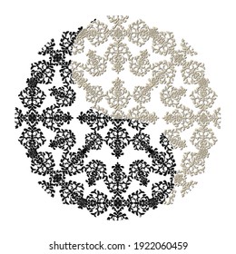 Vector illustration, of damask floral pattern drawing in ying yang shape. east asian cultural art.