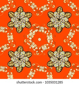 Vector illustration. Damask gold abstract flower seamless pattern on orange, yellow and brown colors. Ornate decoration.