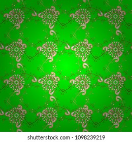 Vector illustration. Damask gold abstract flower seamless pattern on orange, brown and beige colors. Ornate decoration.