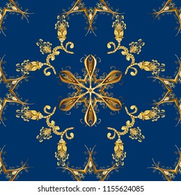 Vector illustration. Damask gold abstract flower seamless pattern on blue, brown and yellow colors. Ornate decoration.