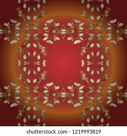 Vector illustration. Damask gold abstract flower seamless pattern on orange, red and brown colors. Ornate decoration.