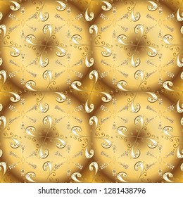 Vector illustration. Damask gold abstract flower seamless pattern on yellow and brown colors. Ornate decoration.