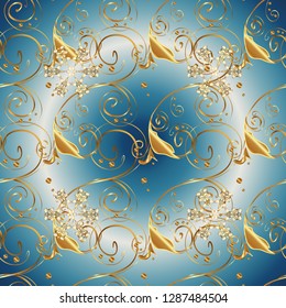 Vector illustration. Damask gold abstract flower seamless pattern on gray and blue colors. Ornate decoration.