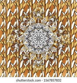Vector illustration. Damask gold abstract flower seamless pattern on brown and white colors. Ornate decoration.