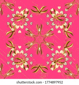 Vector illustration. Damask gold abstract flower seamless pattern on brown and pink colors. Ornate decoration.