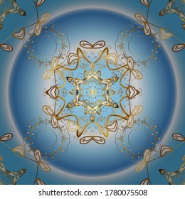 Vector illustration. Damask gold abstract flower seamless pattern on blue and neutral colors. Ornate decoration.
