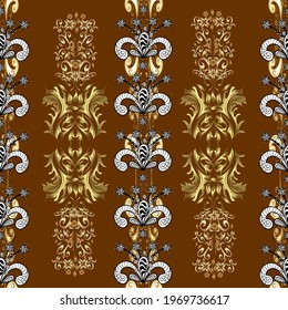 Vektorgrafik. Damast Gold abstrakte Blume nahtlose Muster auf Braun, Weiß und Schwarz. Ornate Dekoration.