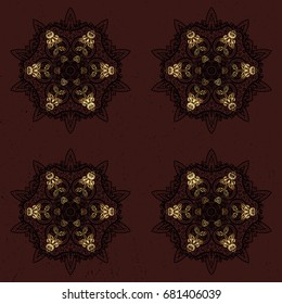 Vector illustration. Damask gold abstract flower seamless pattern on brown background. Ornate decoration.