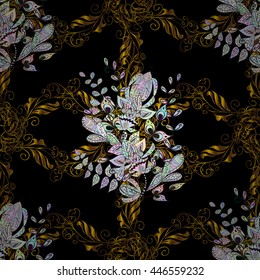 Vector illustration. Damask golden floral pattern on a colors with white doodles. Ornate decoration.