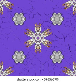 Vector illustration. Damask golden floral pattern on a violet background with white doodles. Ornate decoration.