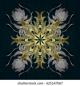 Vector illustration. Damask golden floral pattern on a blue background with white doodles. Ornate decoration.