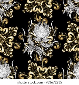 Vector illustration. Damask golden floral pattern on a colors with white doodles. Ornate decoration.