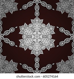 Vector illustration. Damask gray abstract flower seamless pattern on brown background. Ornate decoration.