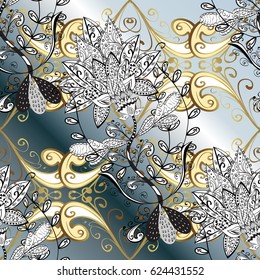 Vector illustration. Damask ornamental pattern for design. Vector ornamental pattern on background with golden elements and with white doodles.